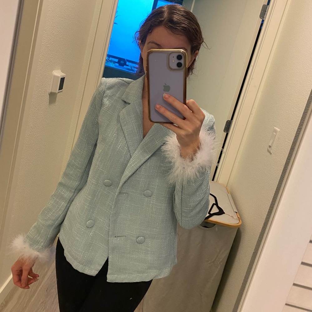 Powder blue feather trim sleeve blazer